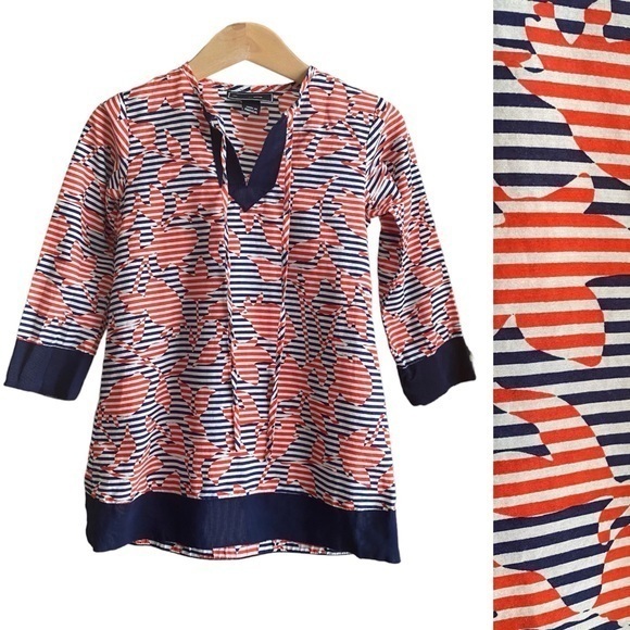 Oscar de la Renta Other - Oscar de la Renta Red Blue White Print Long Sleeve Tunic Dress